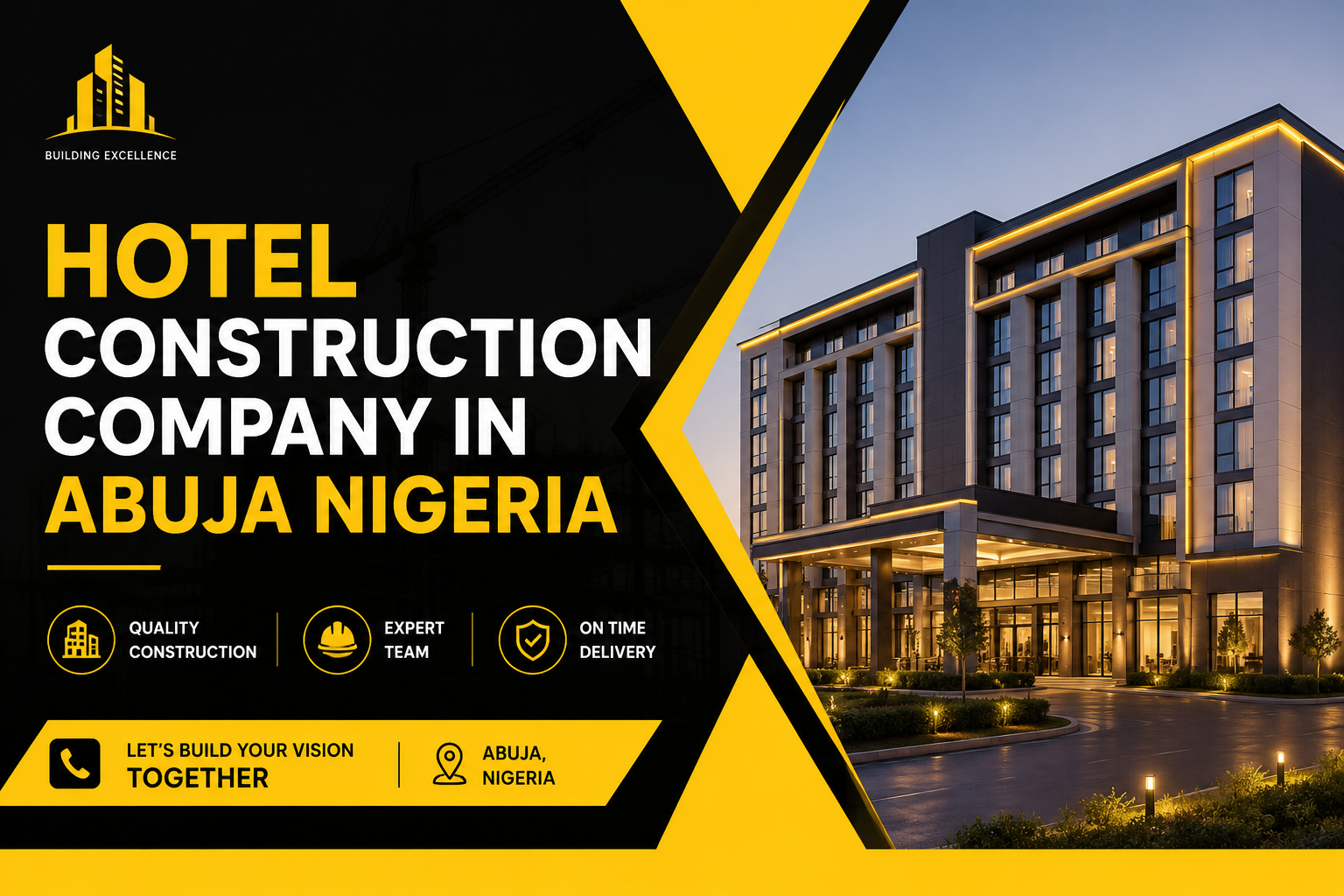 Hotel construction company in Abuja Nigeria modern build Hotel renovation and refurbishment Abuja luxury interior Hotel FF&E Nigeria guest room setup Obembe Construction hotel project Abuja exterior Abuja hospitality construction team at work site