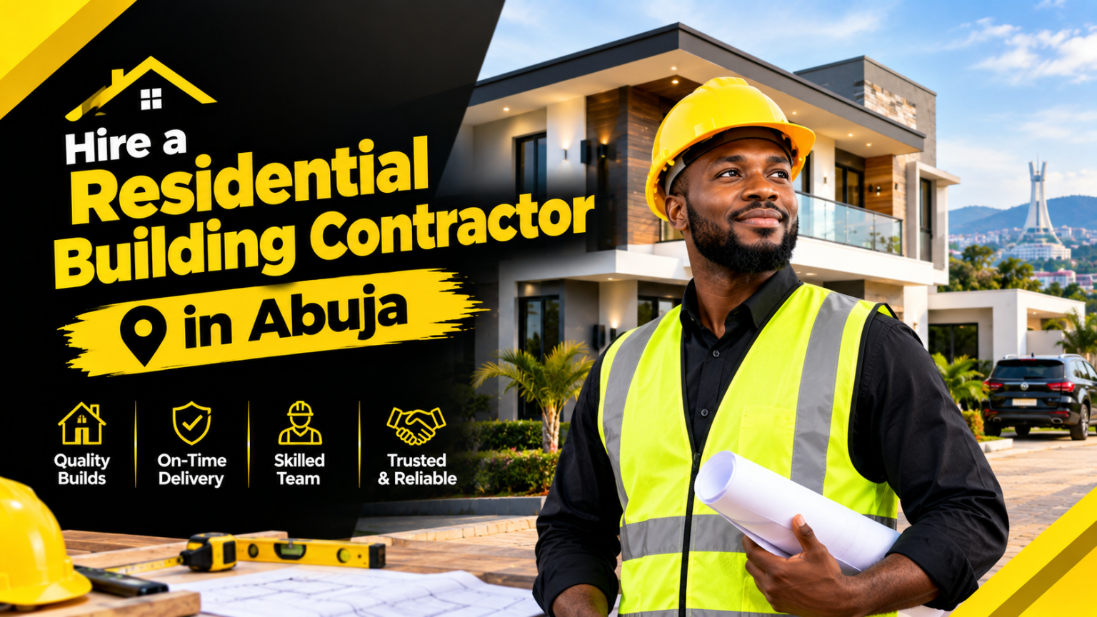 Residential building contractor team inspecting a duplex foundation in Abuja, FCT Architect reviewing residential house design drawings with a client in Abuja 4 bedroom duplex under construction in Maitama, Abuja by Obembe Construction Company House builders in Abuja supervising block work on a residential site in Gwarinpa Turnkey home construction in Abuja with finished interior and FF&E Floor plans and building plan approval documents for house design in Abuja Completed bungalow construction in Abuja, Federal Capital Territory Obembe Construction Company site engineer presenting a residential construction programme in Abuja